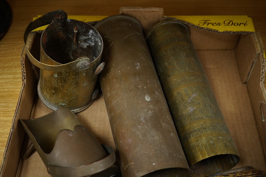 A collection of First World War trench art including engraved shell cases, mounted bullets in the form of a table lighter, ashtrays, etc. three penknives, a broken swagger stick, etc. Condition - poor to fair.